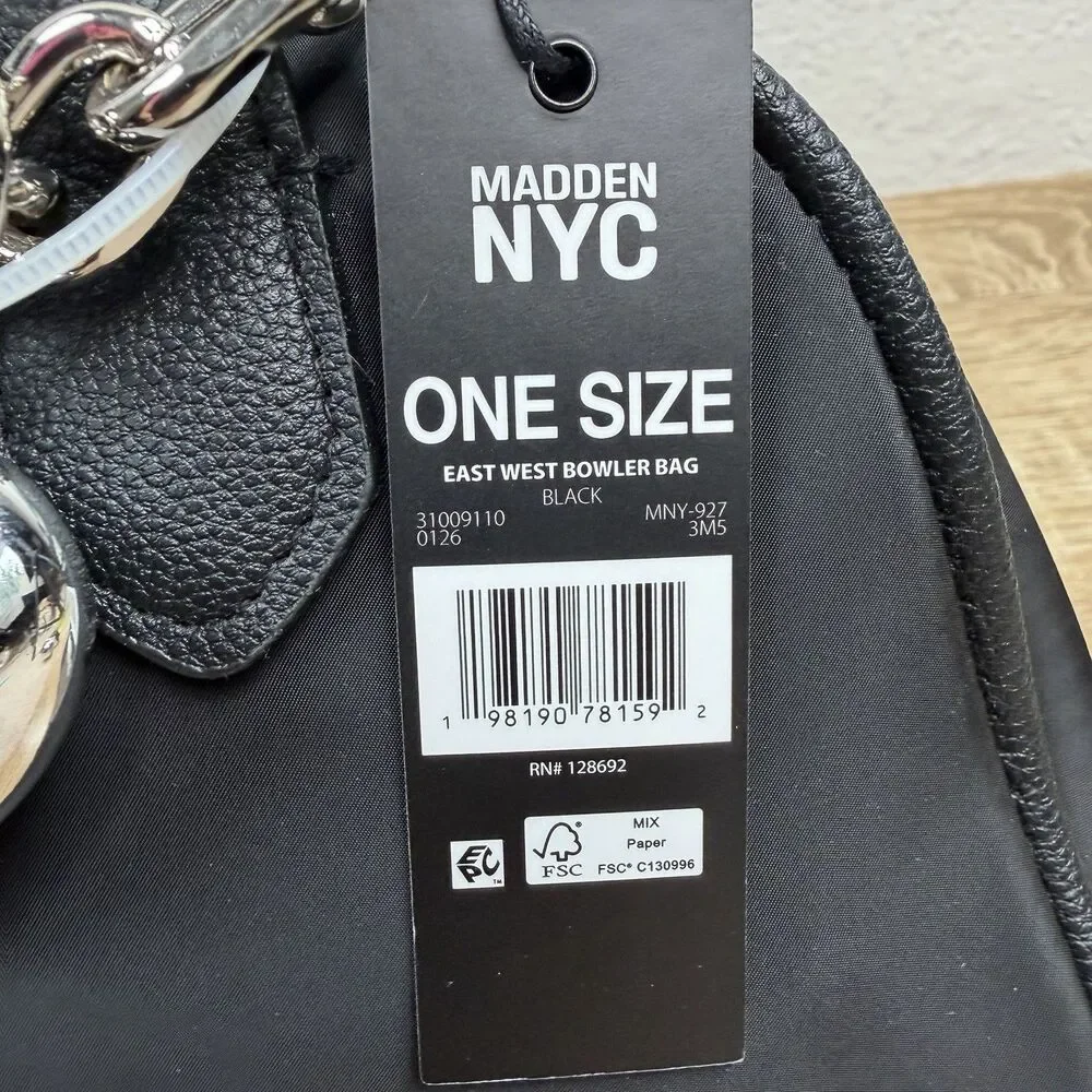 Madden NYC East West Bowler Bag Black Nylon Crossbody Shoulder Bag Heart Charm